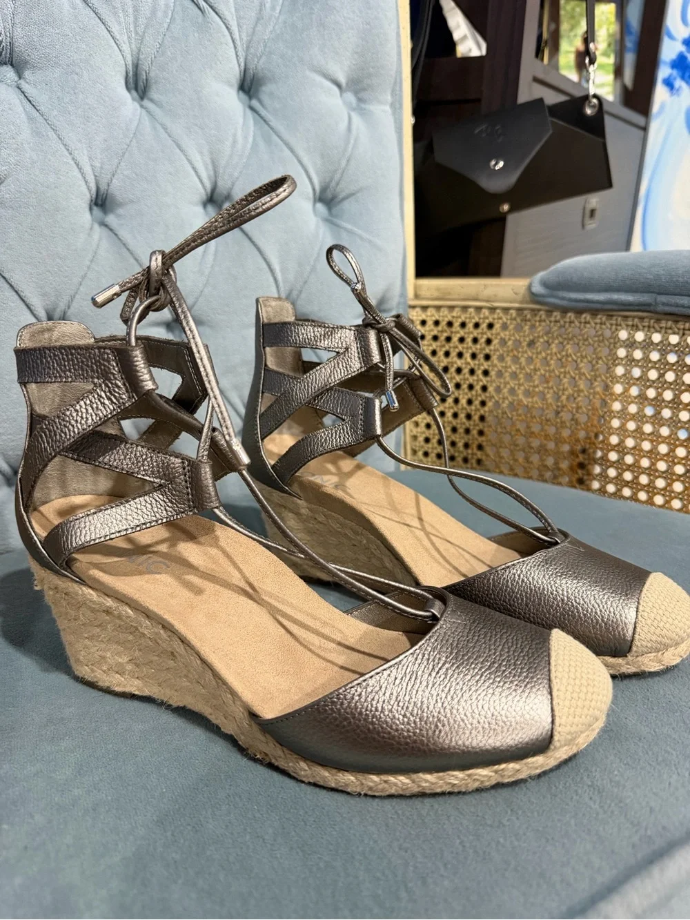 Vionic Metallic Pewter Lace-Up Espadrille Wedges
